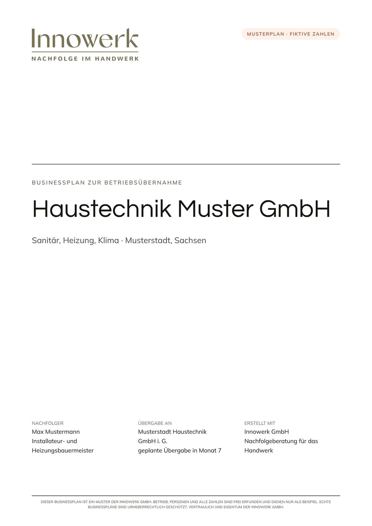 Deckblatt des Musterplans für die Übernahme der Haustechnik Muster GmbH, gekennzeichnet als Muster mit fiktiven Zahlen